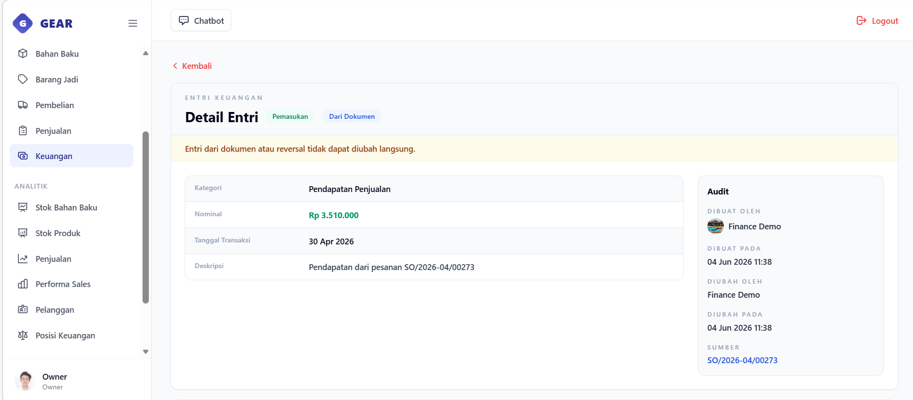Finance Entry detail page