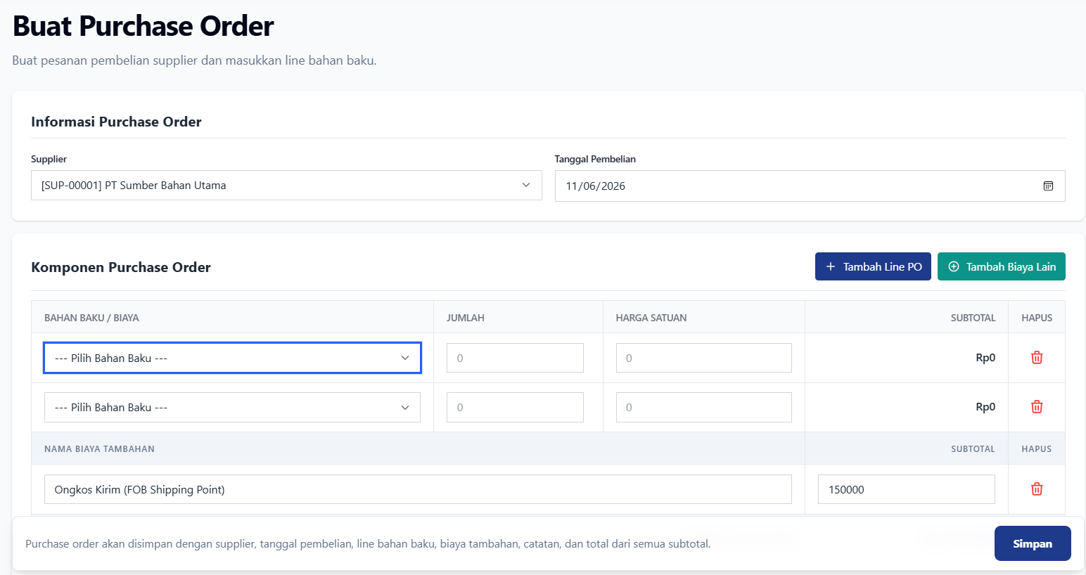Create Purchase Order form